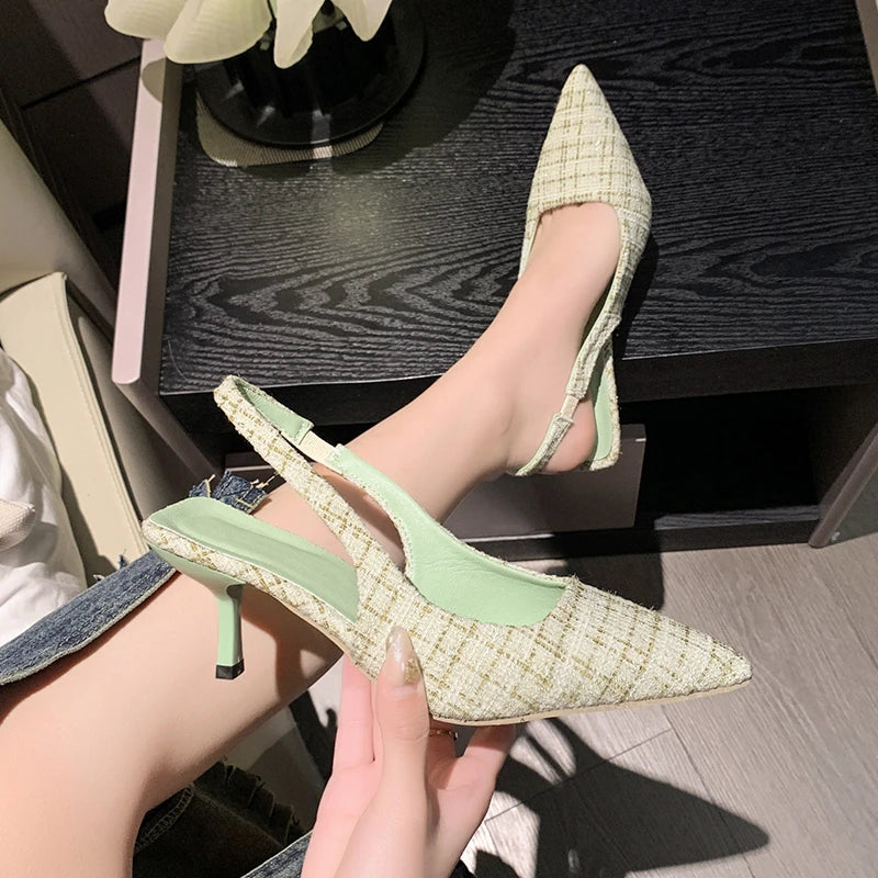 Brand Designer Slingbacks High Heels Pumps Women Pointed Blue Pointed Toe Party Shoes Summer Thin Heeled Sandals High Heel Shoes