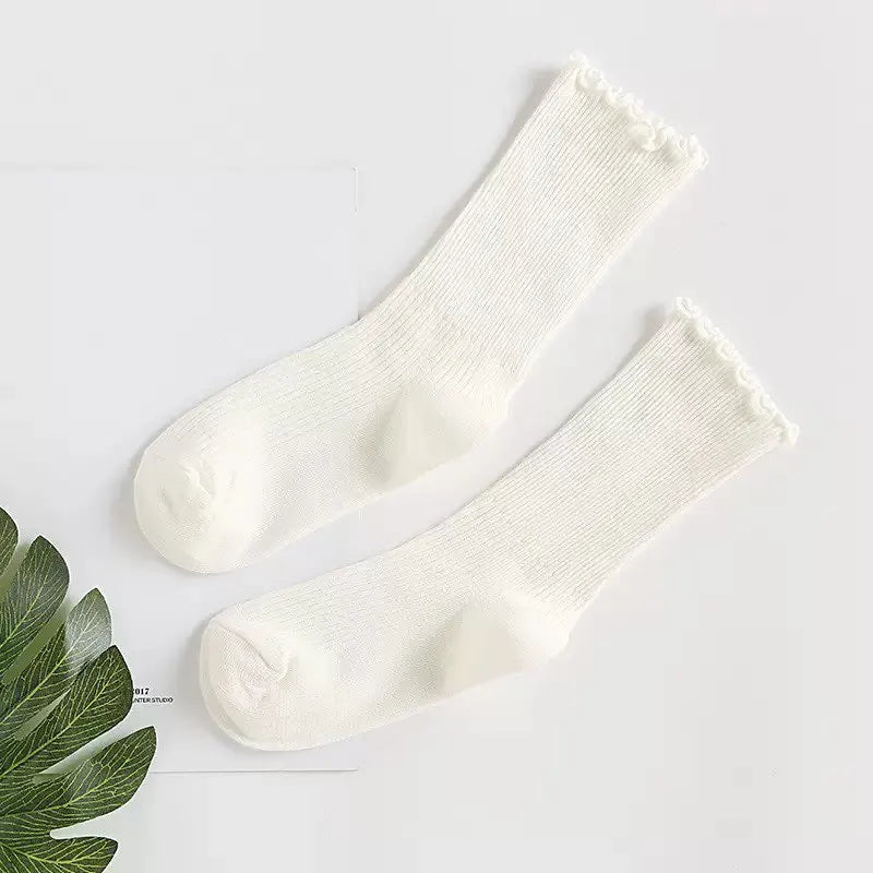 1Pair Women's Ruffled Mid-Calf Socks - Breathable, Sweat-Absorbing & Comfortable, Solid Color Set for Spring & Autumn